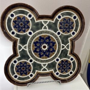Rare 15” French Sarreguemines Majolica Barbotine Platter Plaque Quatrefoil 904
